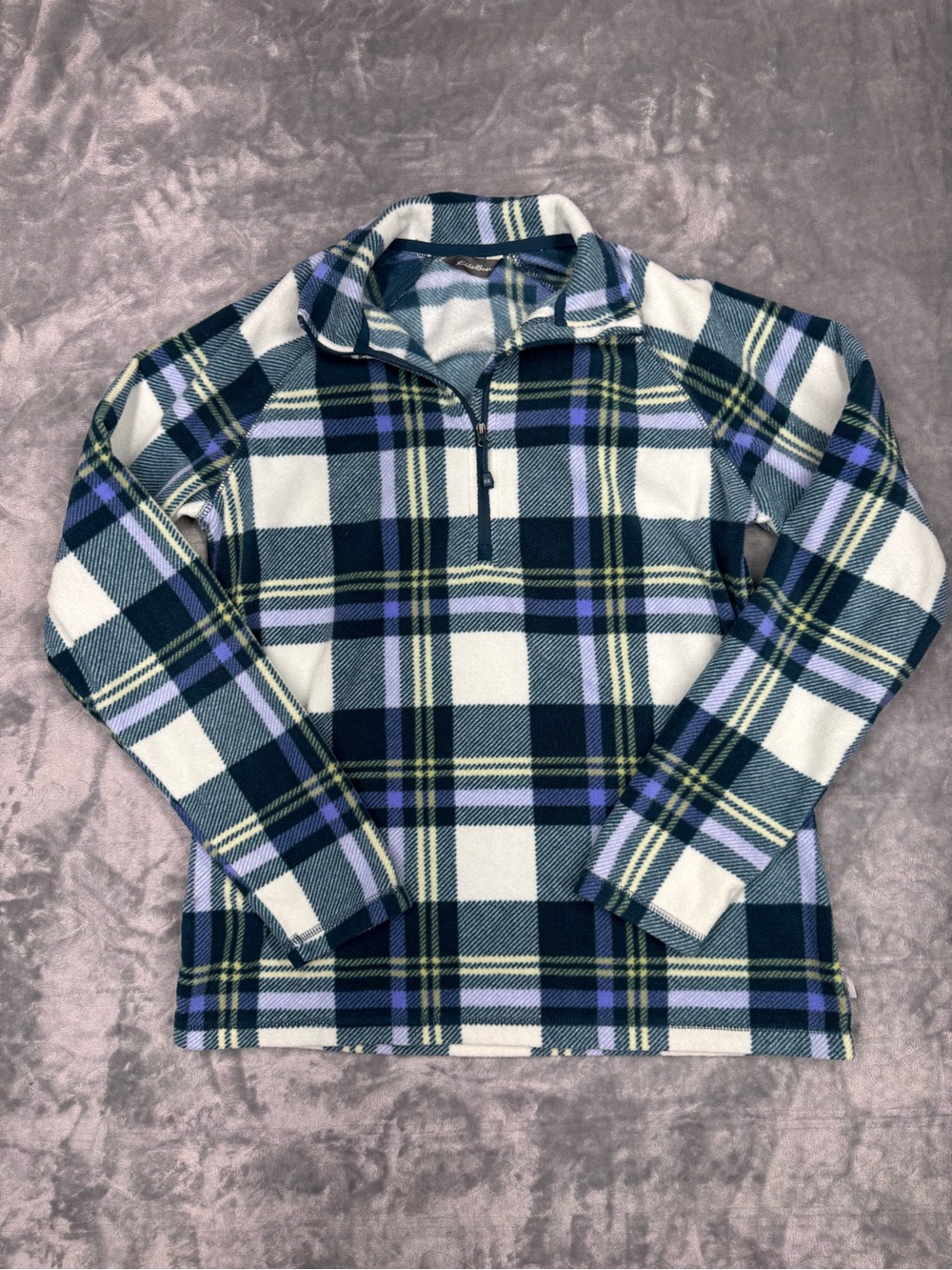 Eddie Bauer Plaid‎ Quarter-Zip Fleece Pullover in White & Navy & Green